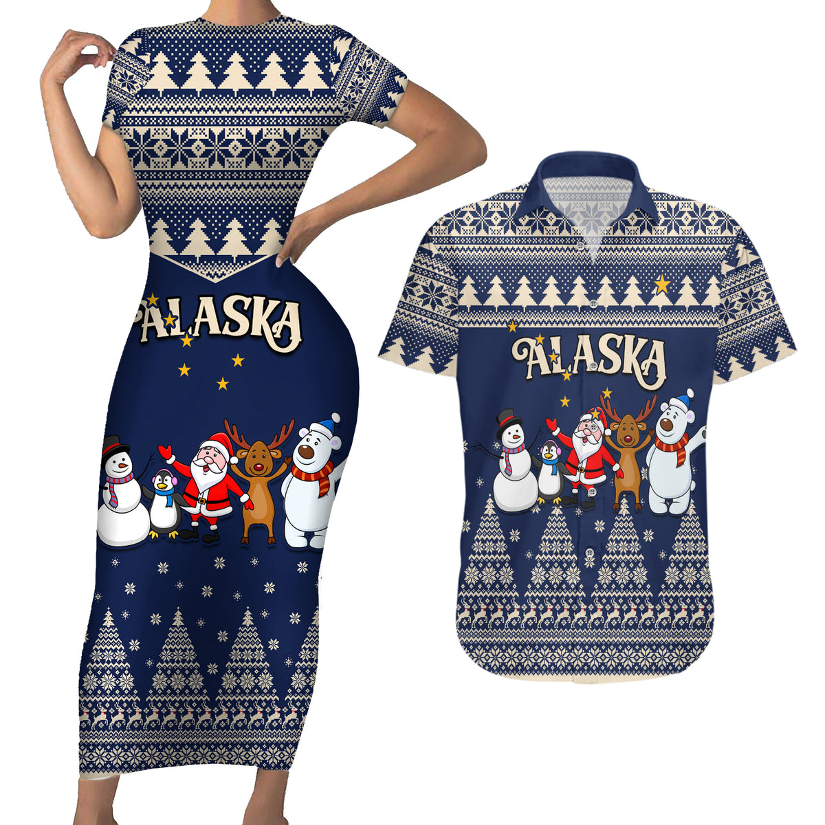 Custom Alaska Christmas Couples Matching Short Sleeve Bodycon Dress and Hawaiian Shirt Santa Claus With Snowman Reindeer Penguin - Wonder Print Shop