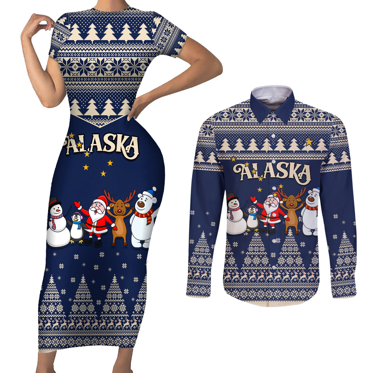 Custom Alaska Christmas Couples Matching Short Sleeve Bodycon Dress and Long Sleeve Button Shirt Santa Claus With Snowman Reindeer Penguin - Wonder Print Shop