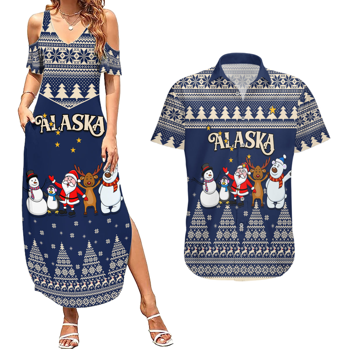 Custom Alaska Christmas Couples Matching Summer Maxi Dress and Hawaiian Shirt Santa Claus With Snowman Reindeer Penguin - Wonder Print Shop