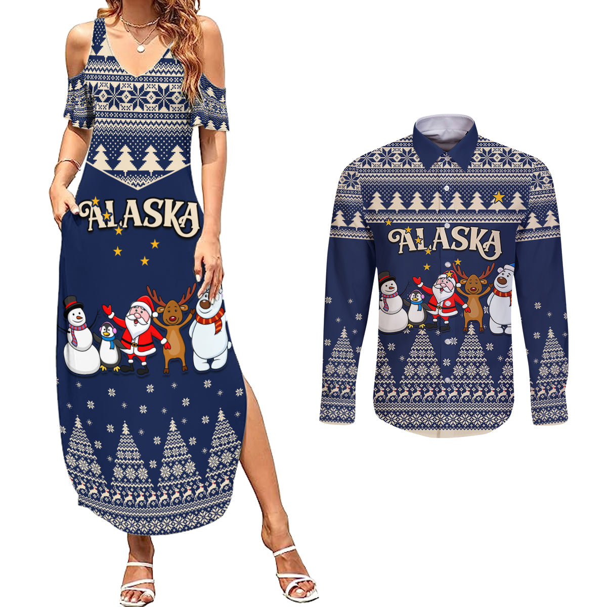Custom Alaska Christmas Couples Matching Summer Maxi Dress and Long Sleeve Button Shirt Santa Claus With Snowman Reindeer Penguin - Wonder Print Shop