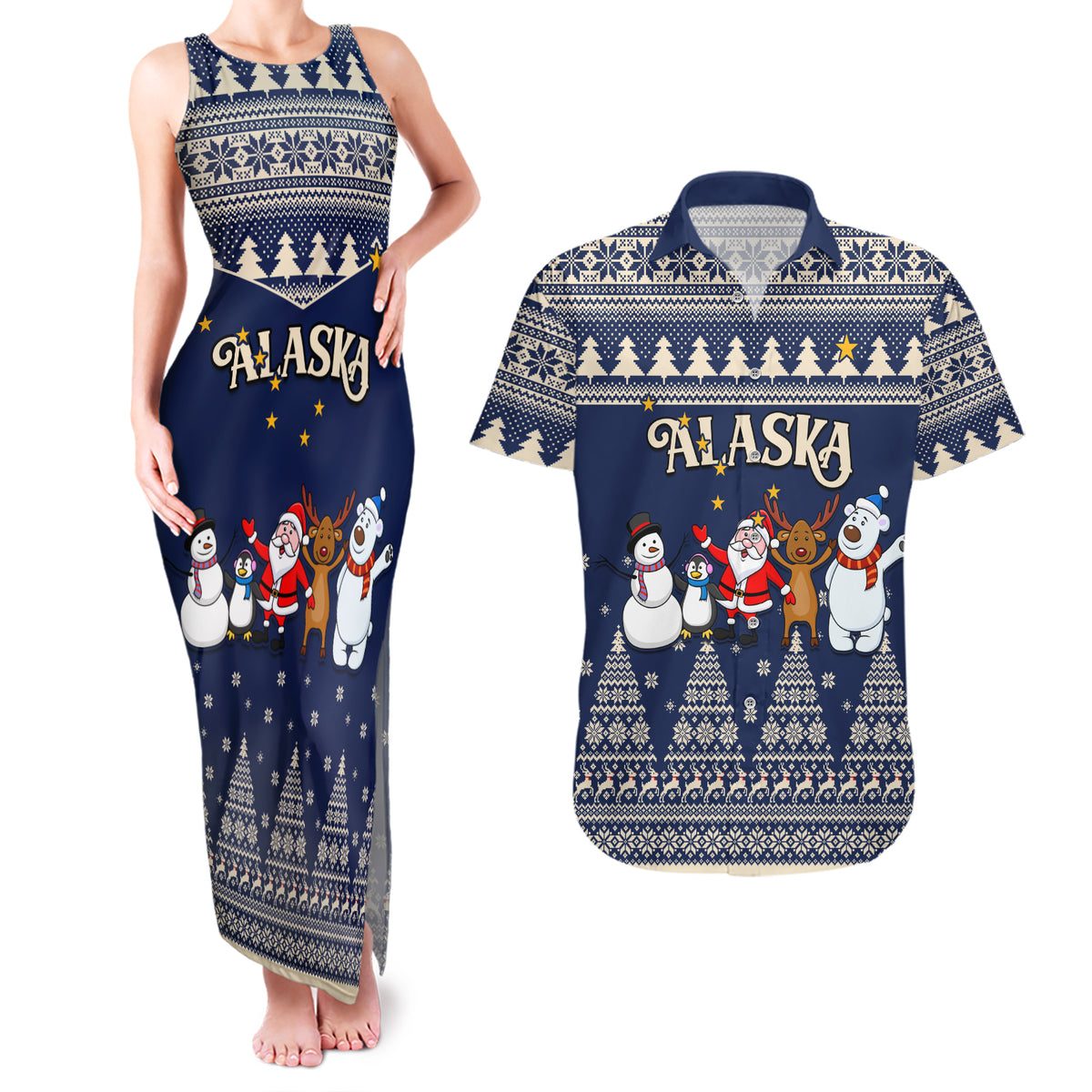 Custom Alaska Christmas Couples Matching Tank Maxi Dress and Hawaiian Shirt Santa Claus With Snowman Reindeer Penguin - Wonder Print Shop