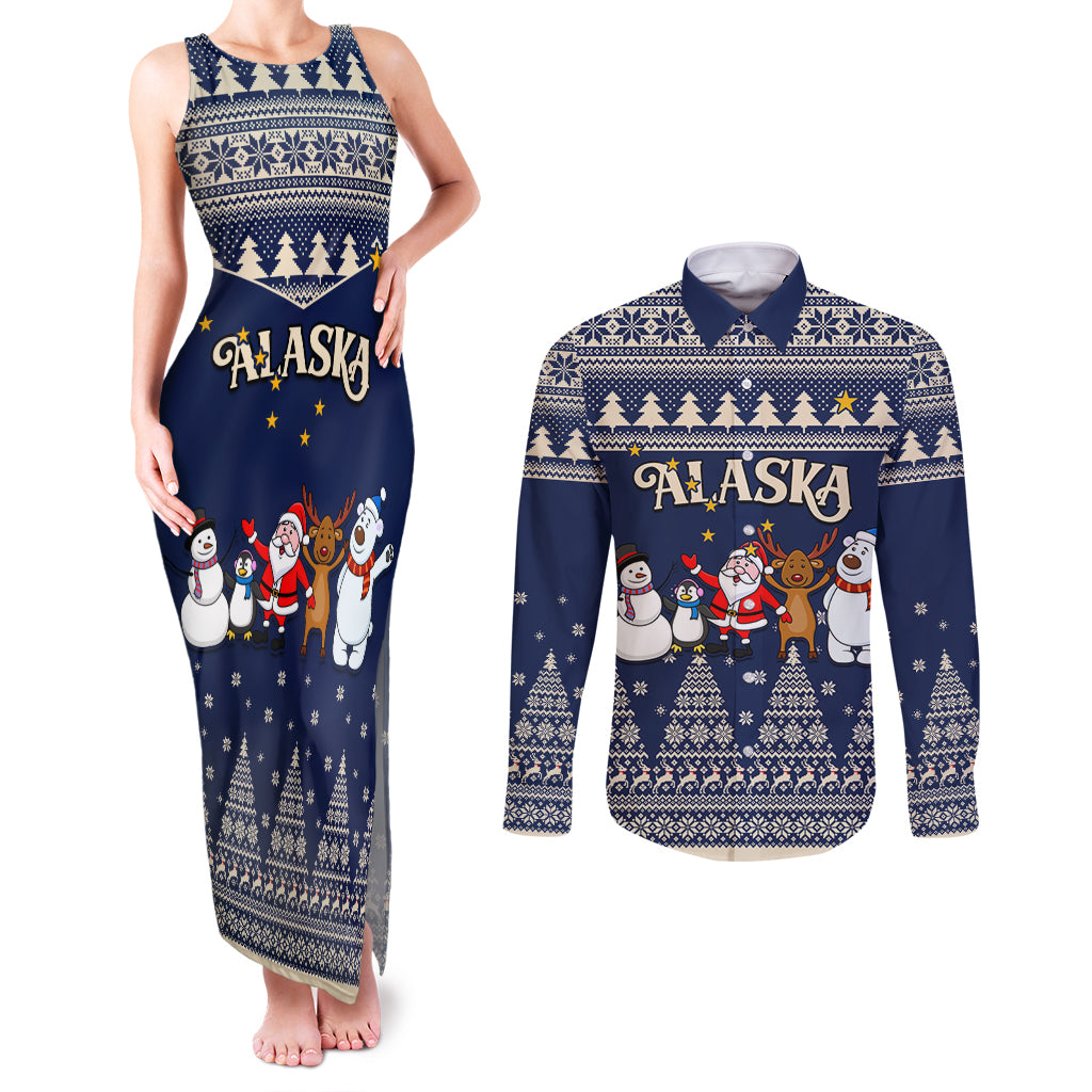Custom Alaska Christmas Couples Matching Tank Maxi Dress and Long Sleeve Button Shirt Santa Claus With Snowman Reindeer Penguin - Wonder Print Shop
