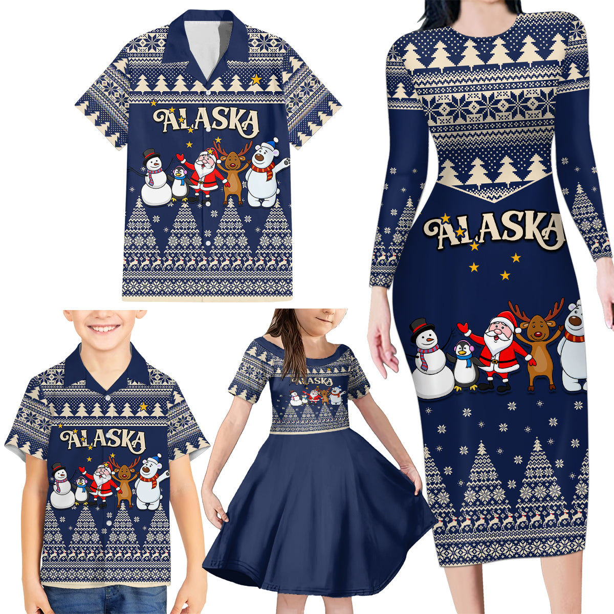 Custom Alaska Christmas Family Matching Long Sleeve Bodycon Dress and Hawaiian Shirt Santa Claus With Snowman Reindeer Penguin - Wonder Print Shop