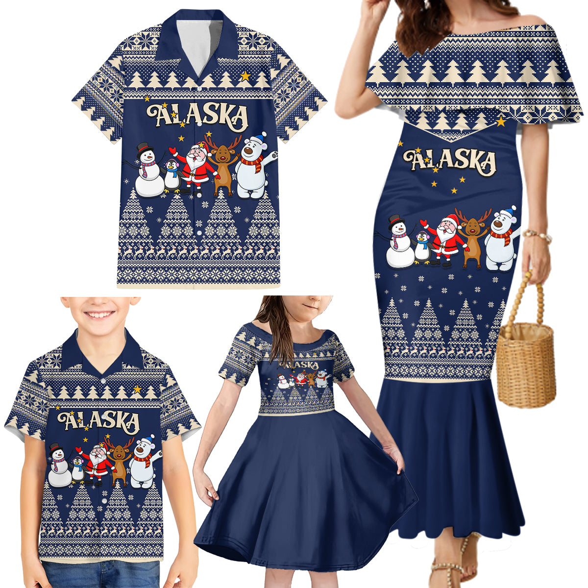 Custom Alaska Christmas Family Matching Mermaid Dress and Hawaiian Shirt Santa Claus With Snowman Reindeer Penguin - Wonder Print Shop