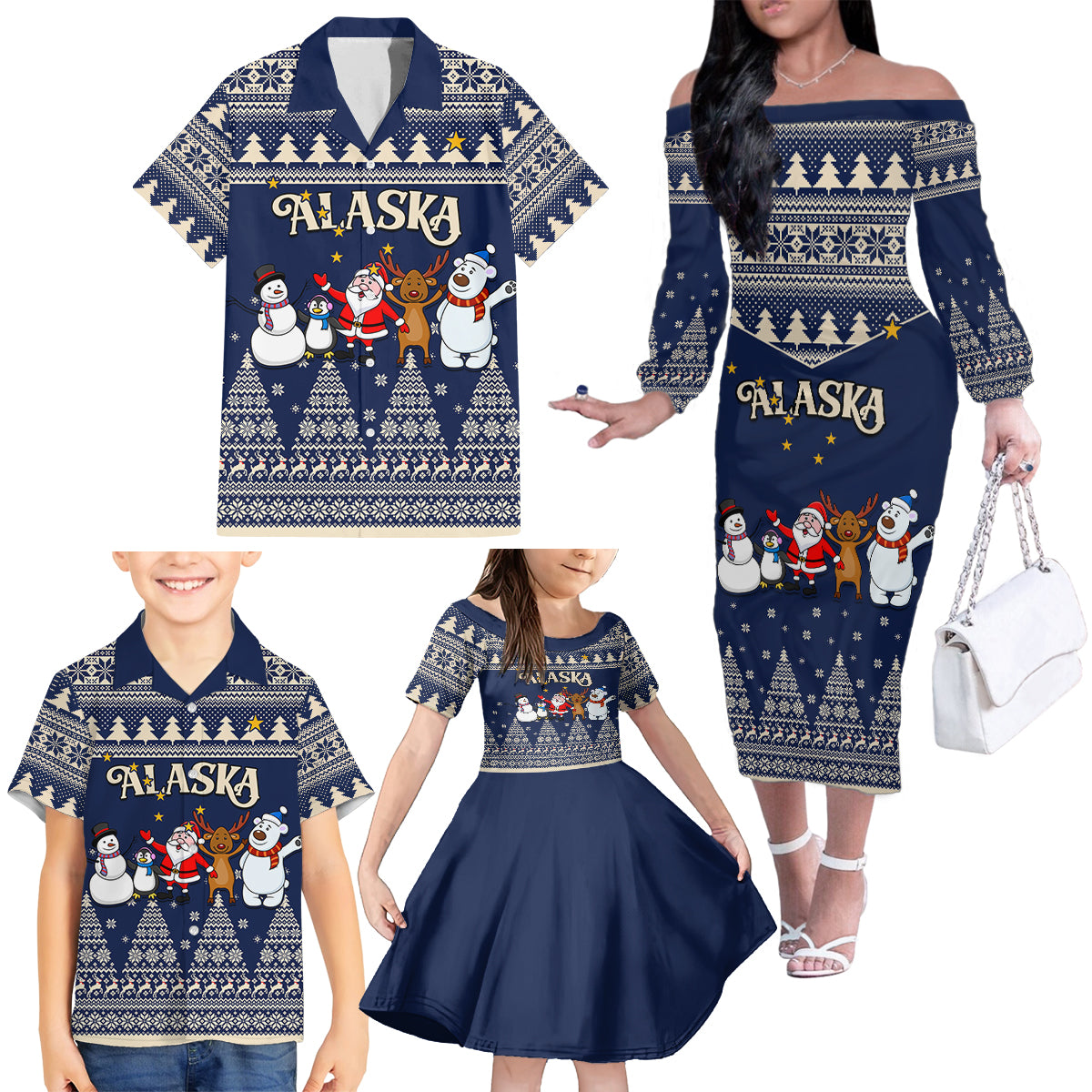 Custom Alaska Christmas Family Matching Off Shoulder Long Sleeve Dress and Hawaiian Shirt Santa Claus With Snowman Reindeer Penguin - Wonder Print Shop