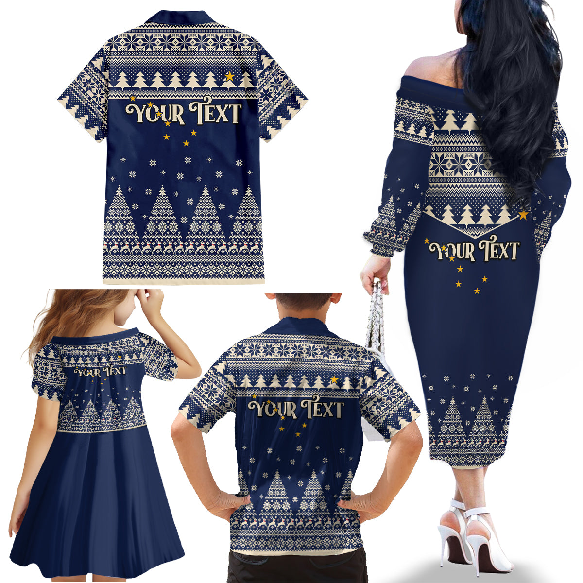Custom Alaska Christmas Family Matching Off Shoulder Long Sleeve Dress and Hawaiian Shirt Santa Claus With Snowman Reindeer Penguin - Wonder Print Shop