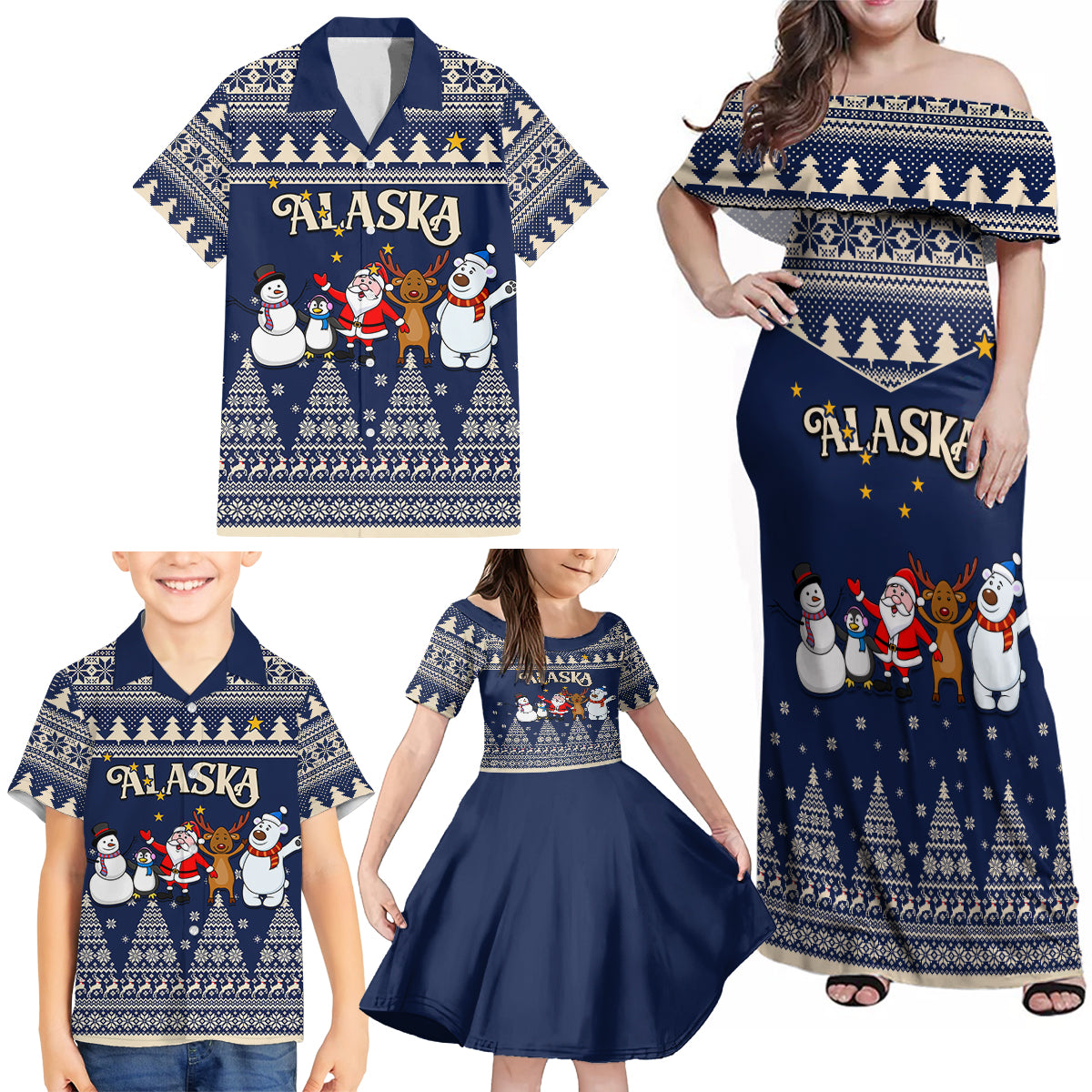 Custom Alaska Christmas Family Matching Off Shoulder Maxi Dress and Hawaiian Shirt Santa Claus With Snowman Reindeer Penguin - Wonder Print Shop