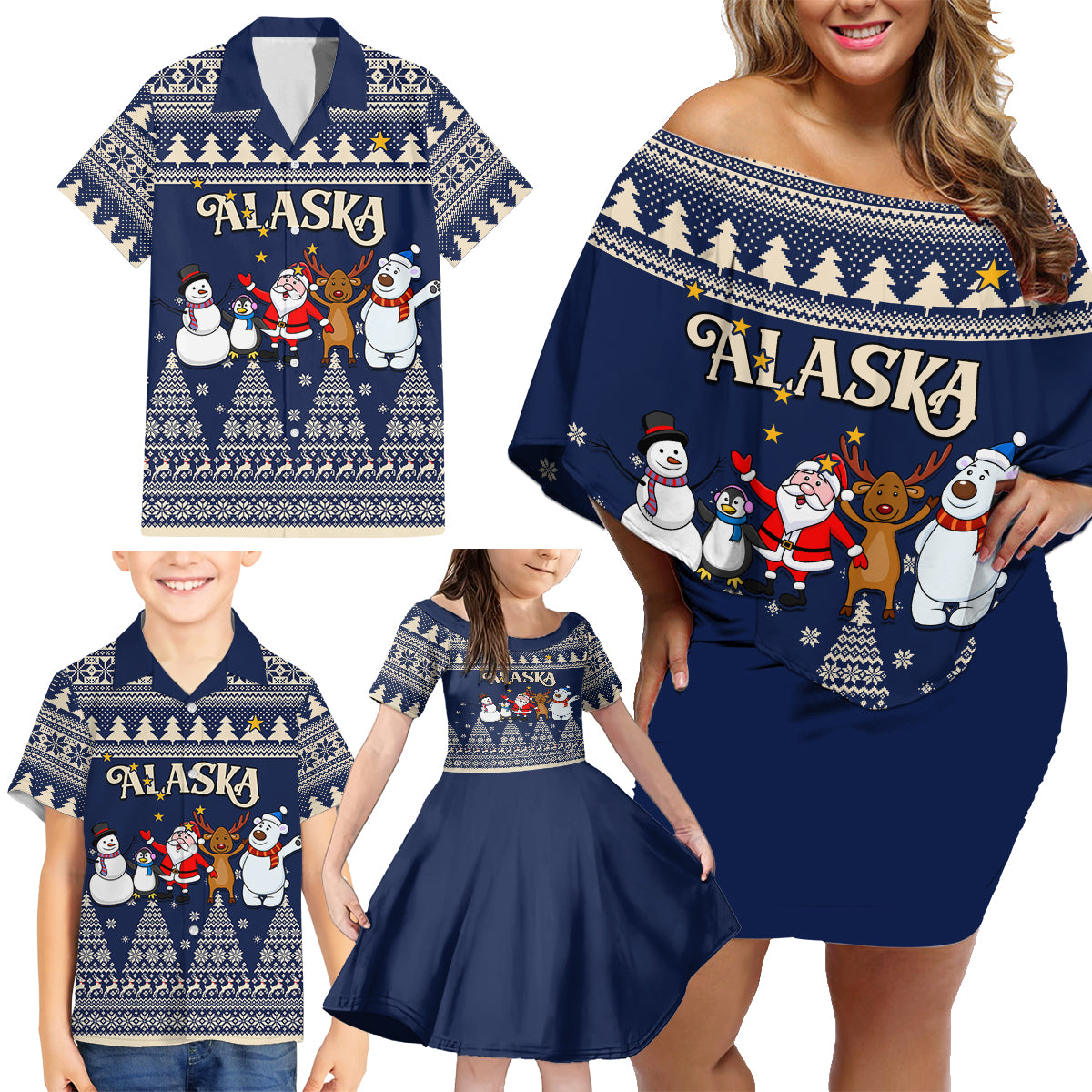 Custom Alaska Christmas Family Matching Off Shoulder Short Dress and Hawaiian Shirt Santa Claus With Snowman Reindeer Penguin - Wonder Print Shop
