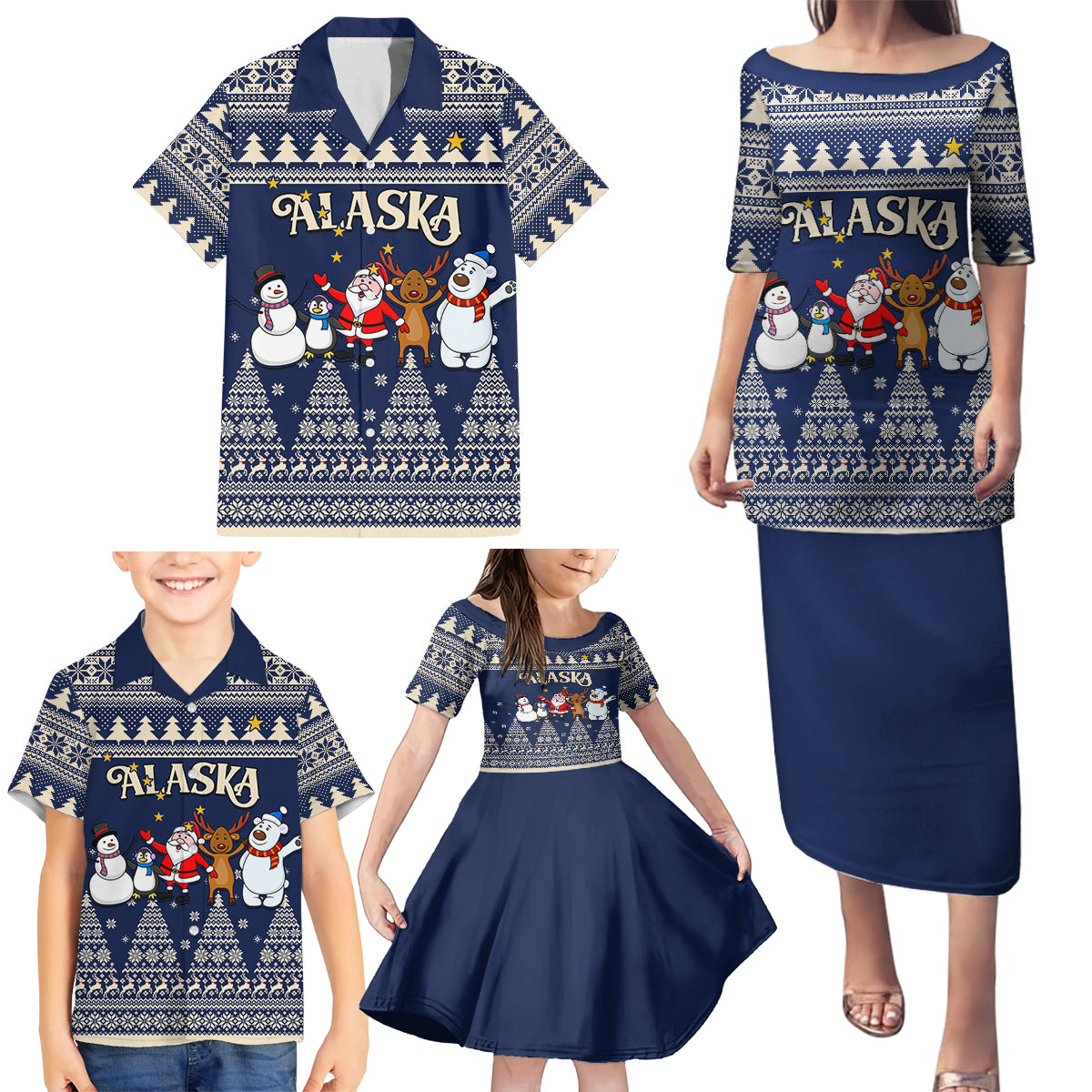 Custom Alaska Christmas Family Matching Puletasi Dress and Hawaiian Shirt Santa Claus With Snowman Reindeer Penguin - Wonder Print Shop