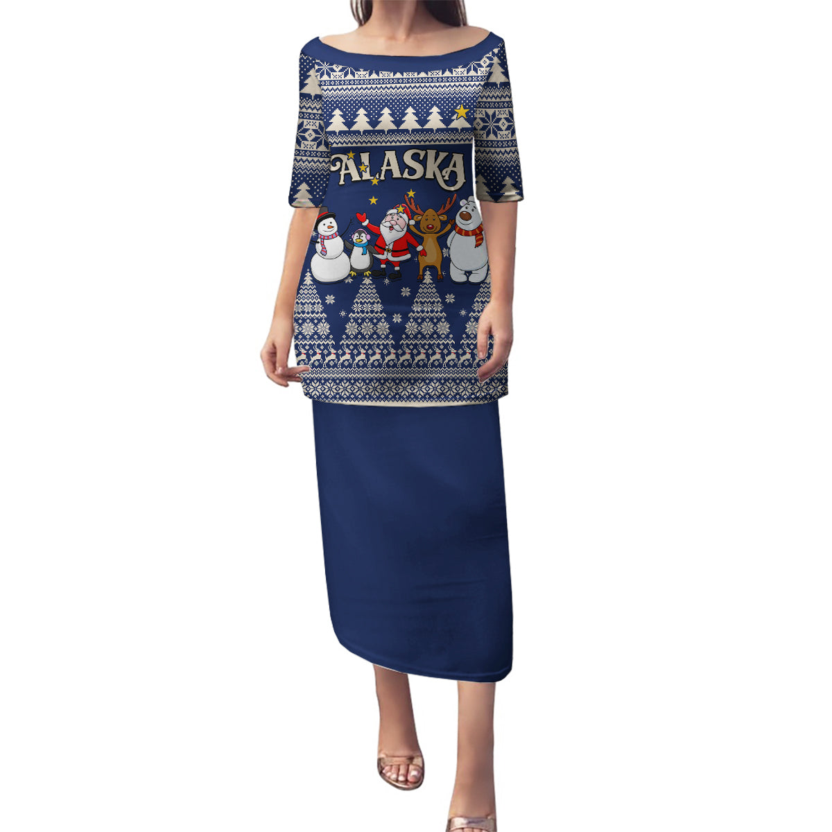 Custom Alaska Christmas Family Matching Puletasi Dress and Hawaiian Shirt Santa Claus With Snowman Reindeer Penguin - Wonder Print Shop