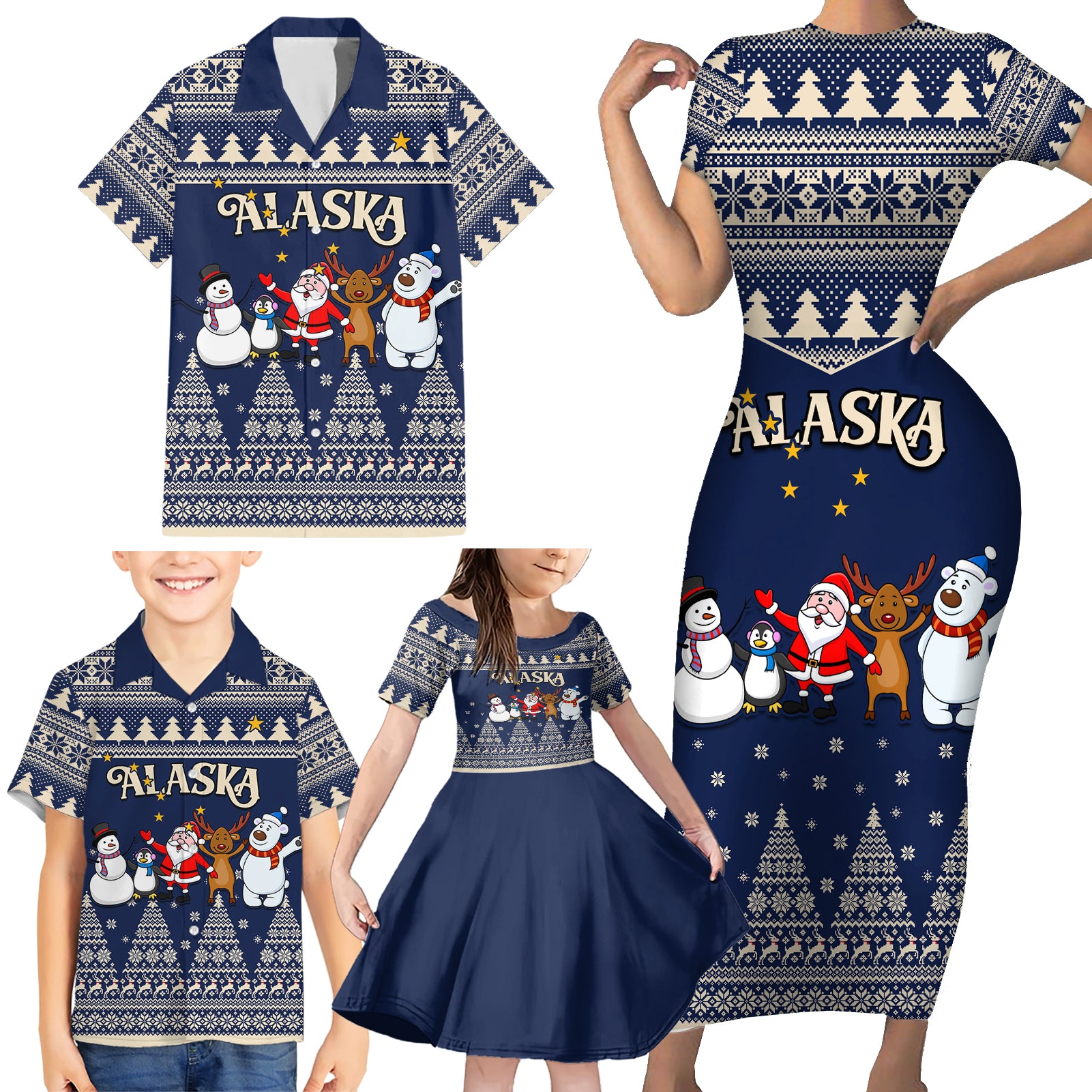 Custom Alaska Christmas Family Matching Short Sleeve Bodycon Dress and Hawaiian Shirt Santa Claus With Snowman Reindeer Penguin - Wonder Print Shop