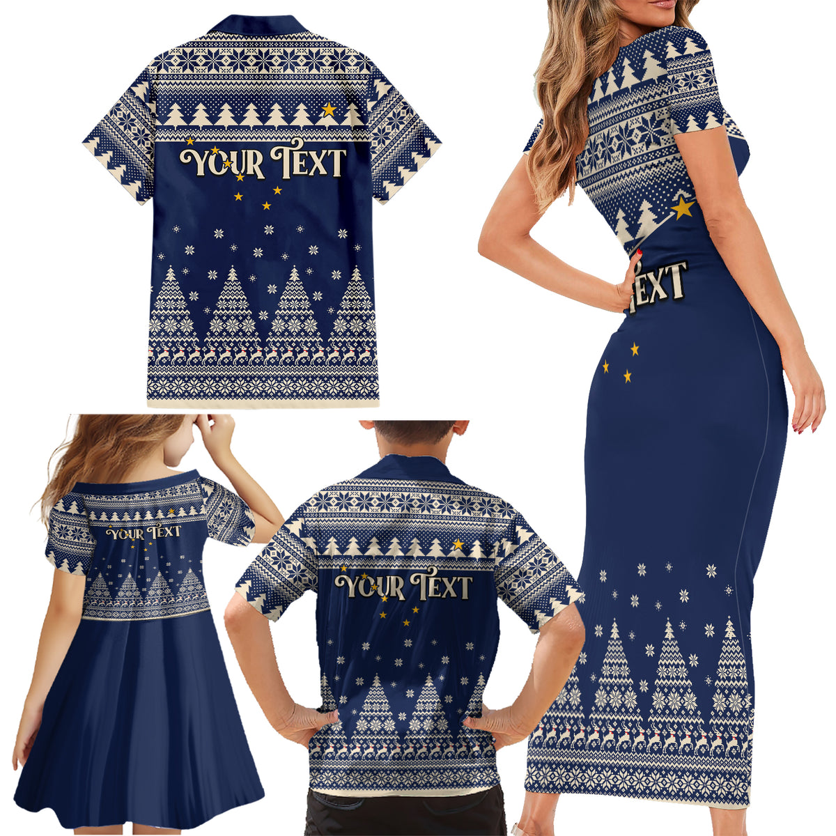 Custom Alaska Christmas Family Matching Short Sleeve Bodycon Dress and Hawaiian Shirt Santa Claus With Snowman Reindeer Penguin - Wonder Print Shop