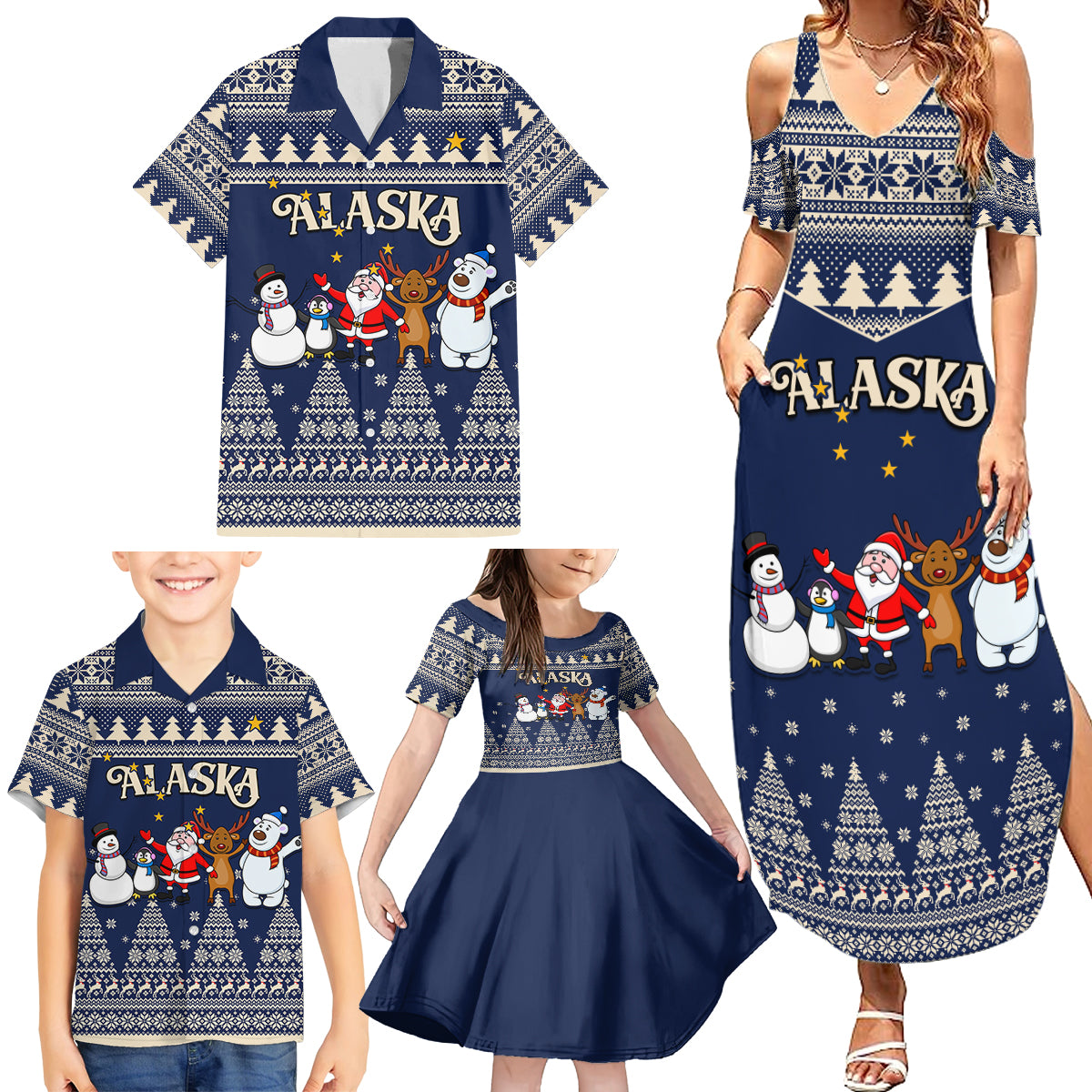 Custom Alaska Christmas Family Matching Summer Maxi Dress and Hawaiian Shirt Santa Claus With Snowman Reindeer Penguin - Wonder Print Shop