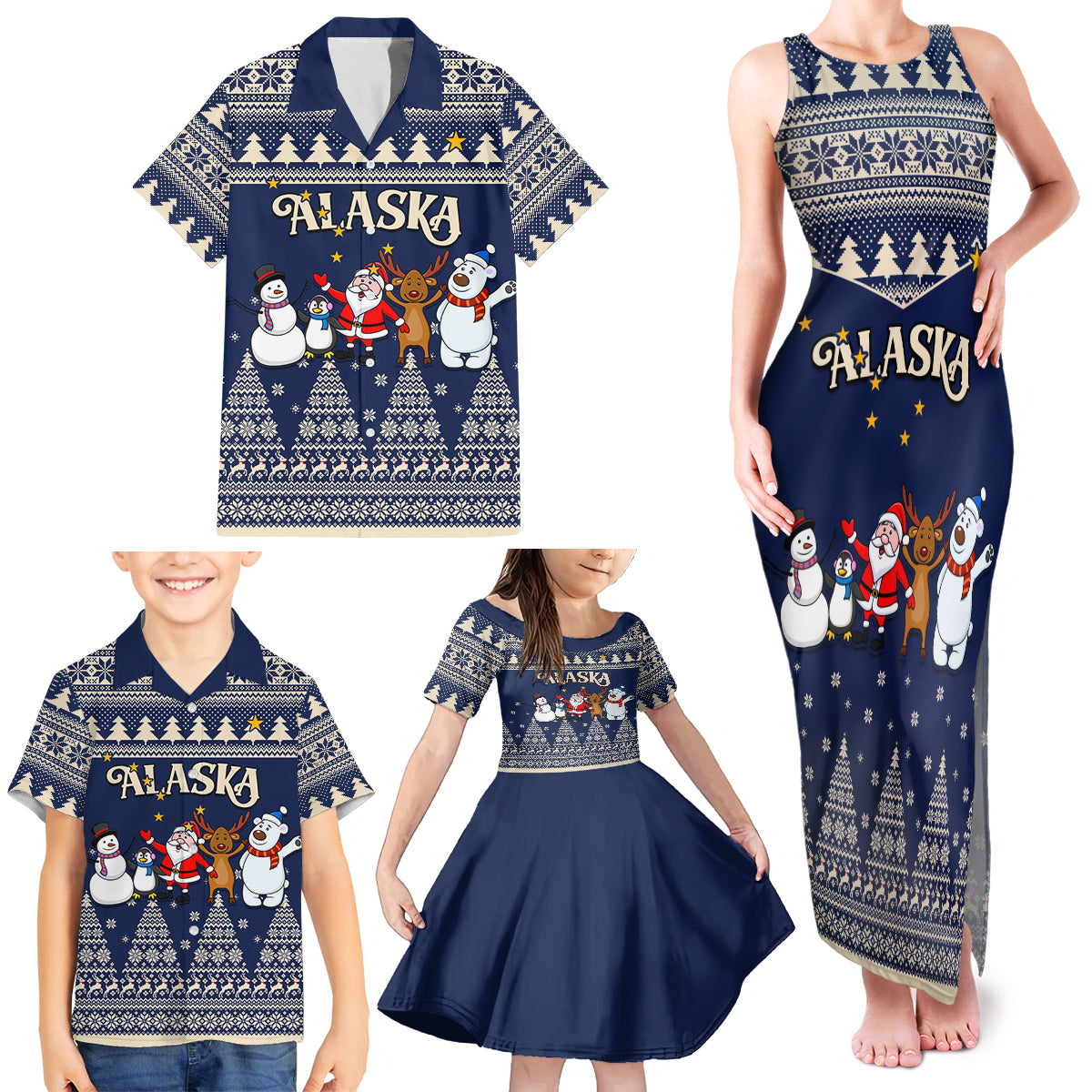 Custom Alaska Christmas Family Matching Tank Maxi Dress and Hawaiian Shirt Santa Claus With Snowman Reindeer Penguin - Wonder Print Shop
