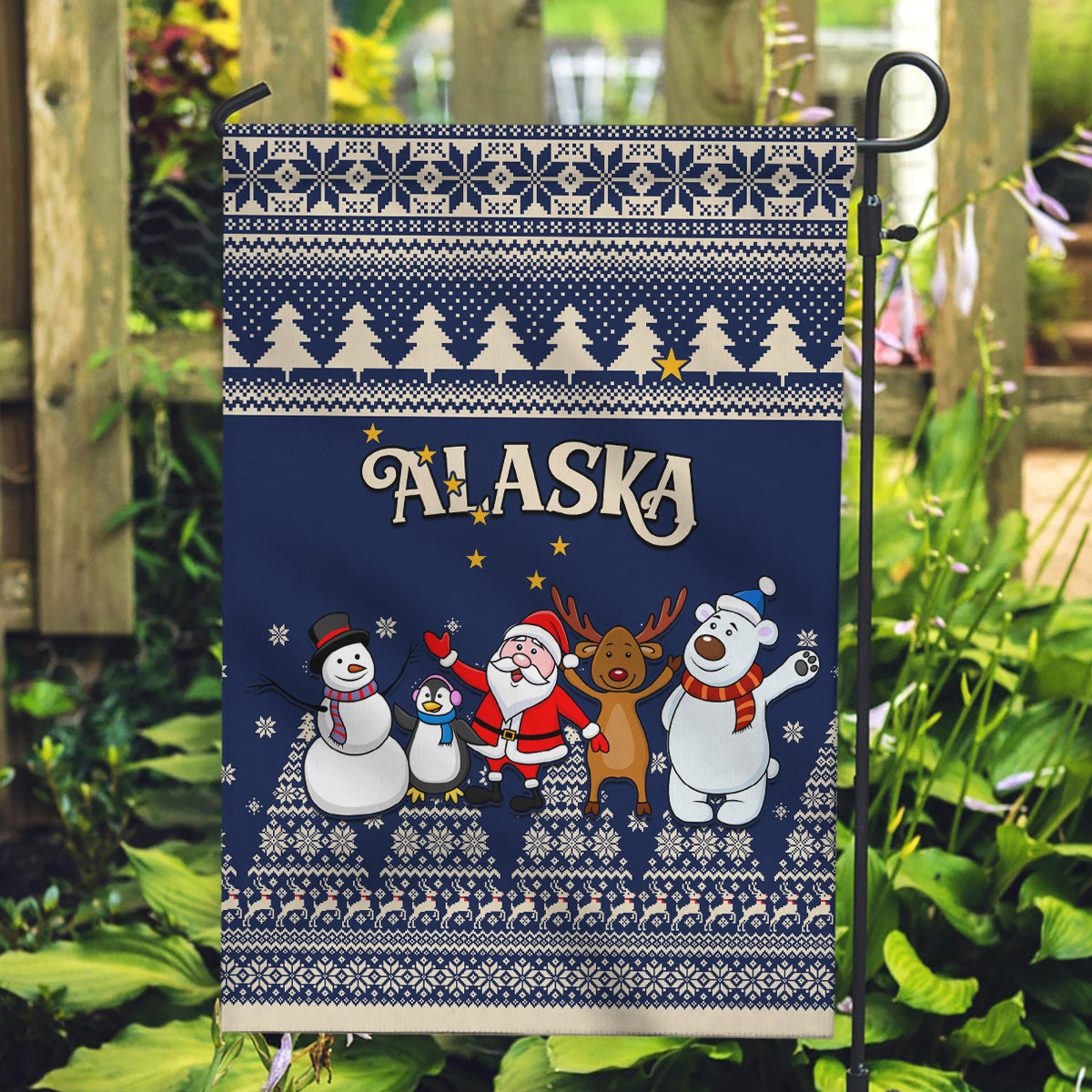 Custom Alaska Christmas Garden Flag Santa Claus With Snowman Reindeer Penguin - Wonder Print Shop