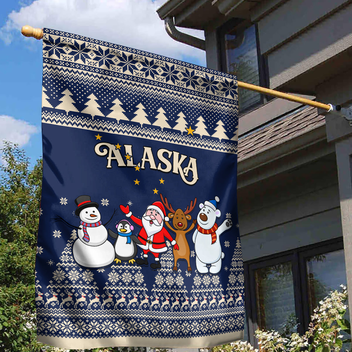 Custom Alaska Christmas Garden Flag Santa Claus With Snowman Reindeer Penguin - Wonder Print Shop