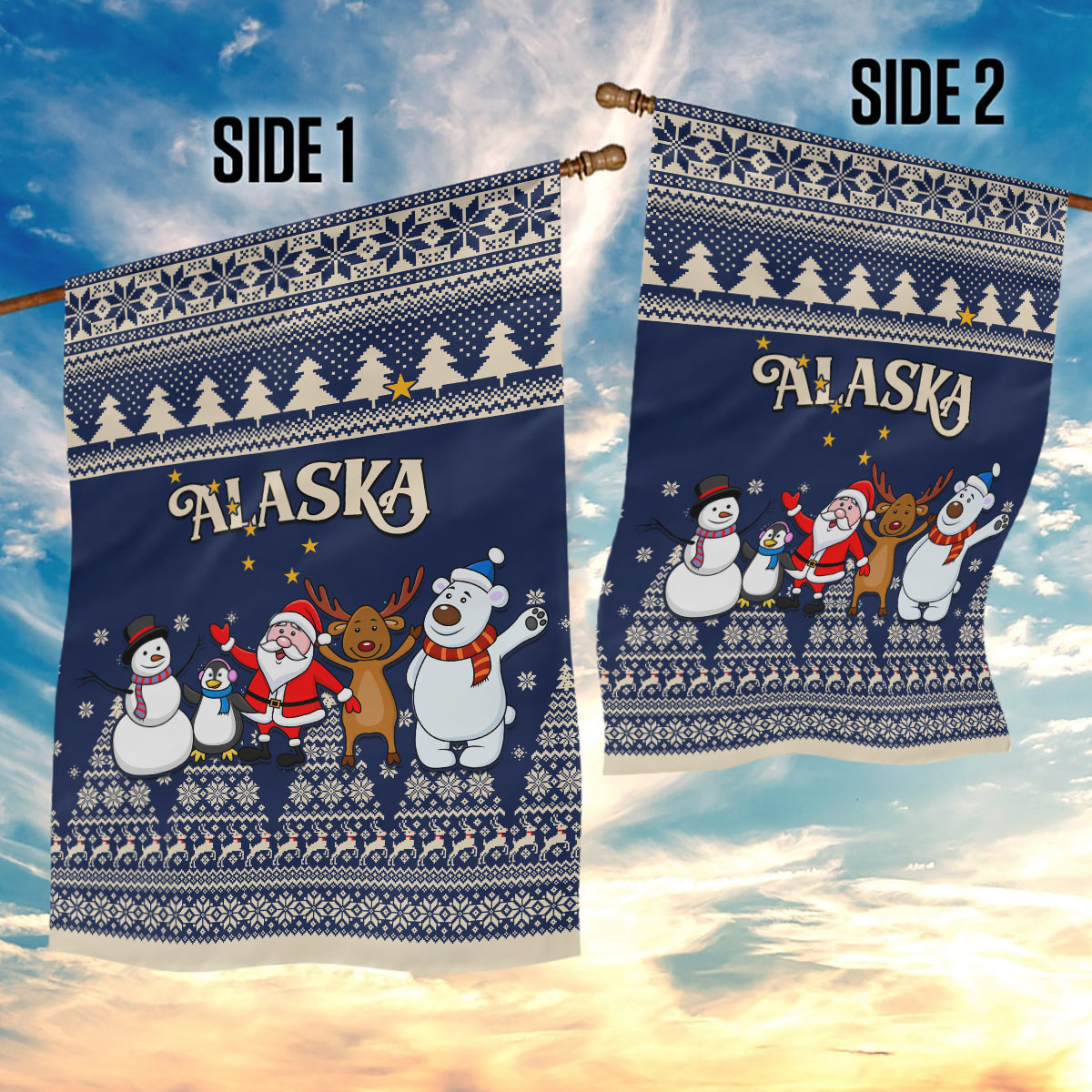 Custom Alaska Christmas Garden Flag Santa Claus With Snowman Reindeer Penguin - Wonder Print Shop