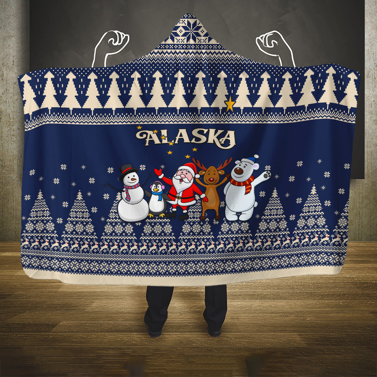 custom-alaska-christmas-hooded-blanket-santa-claus-with-snowman-reindeer-penguin