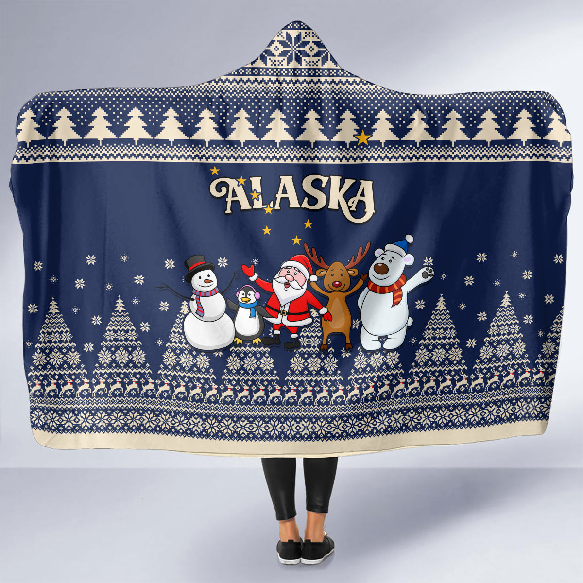 custom-alaska-christmas-hooded-blanket-santa-claus-with-snowman-reindeer-penguin