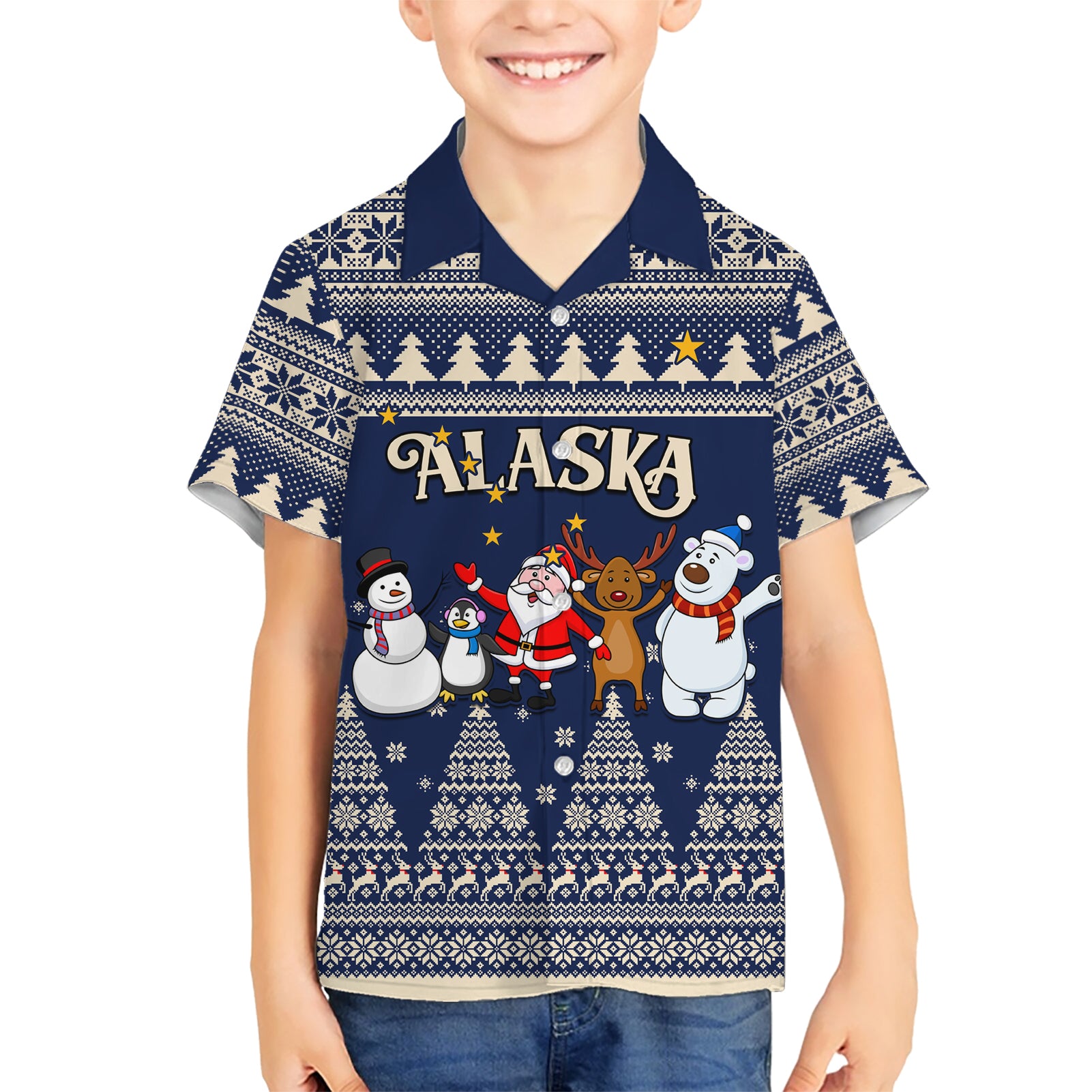 Custom Alaska Christmas Kid Hawaiian Shirt Santa Claus With Snowman Reindeer Penguin - Wonder Print Shop