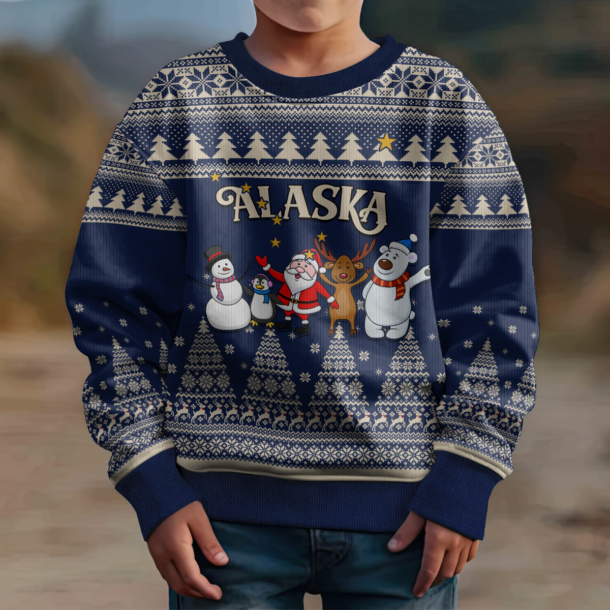Custom Alaska Christmas Kid Ugly Christmas Sweater Santa Claus With Snowman Reindeer Penguin - Wonder Print Shop