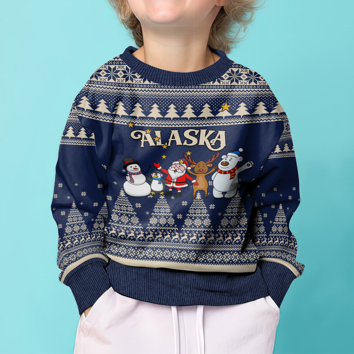Custom Alaska Christmas Kid Ugly Christmas Sweater Santa Claus With Snowman Reindeer Penguin - Wonder Print Shop