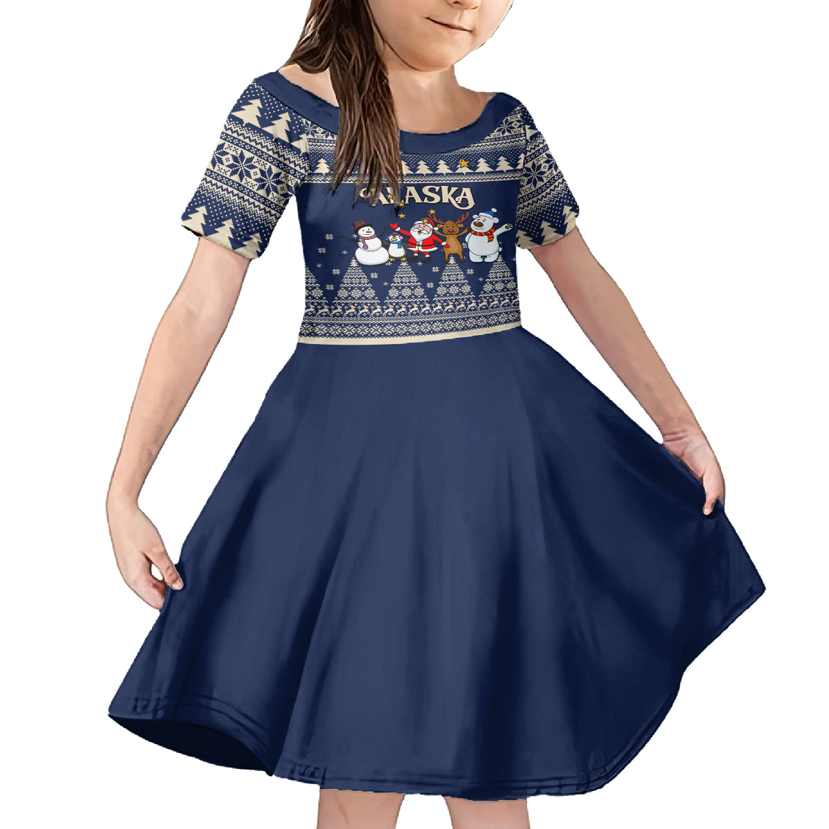 Custom Alaska Christmas Kid Short Sleeve Dress Santa Claus With Snowman Reindeer Penguin - Wonder Print Shop