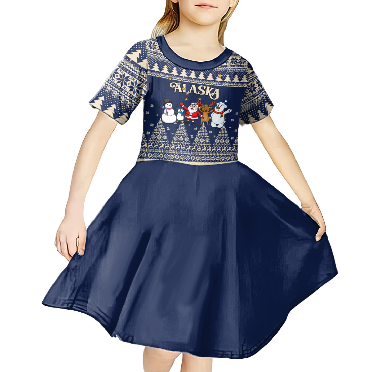 Custom Alaska Christmas Kid Short Sleeve Dress Santa Claus With Snowman Reindeer Penguin - Wonder Print Shop