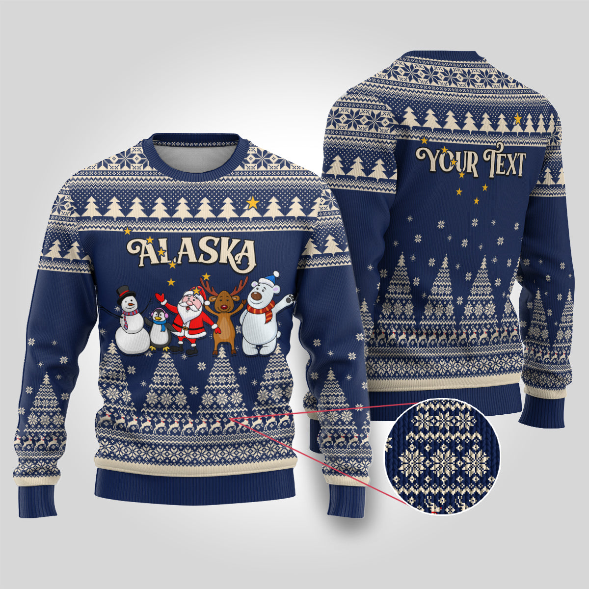 Custom Alaska Christmas Ugly Christmas Sweater Santa Claus With Snowman Reindeer Penguin - Wonder Print Shop