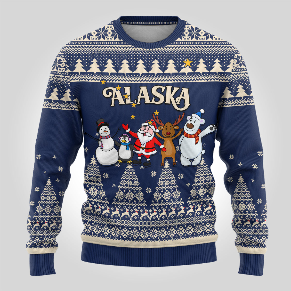 Custom Alaska Christmas Ugly Christmas Sweater Santa Claus With Snowman Reindeer Penguin - Wonder Print Shop