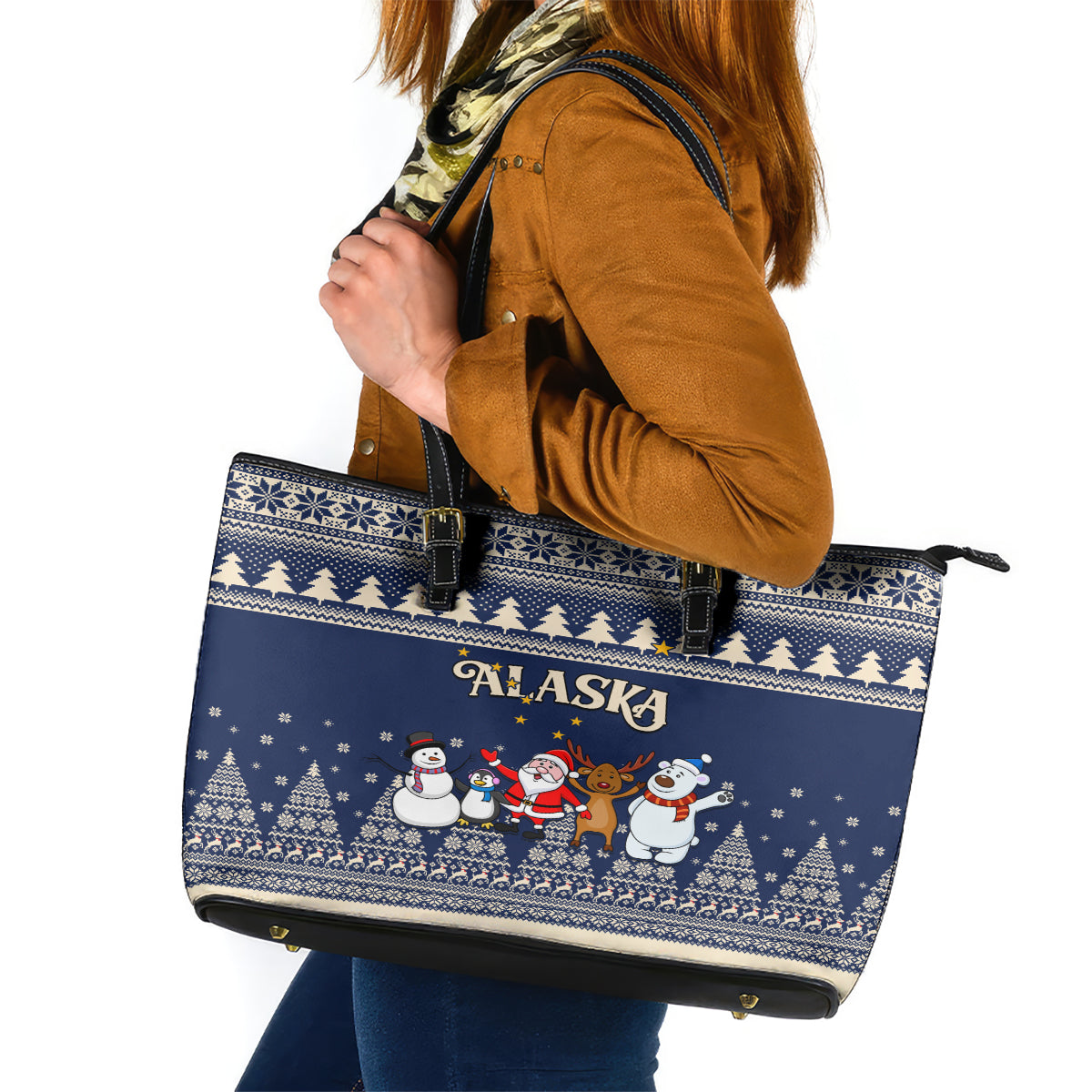 Custom Alaska Christmas Leather Tote Bag Santa Claus With Snowman Reindeer Penguin - Wonder Print Shop