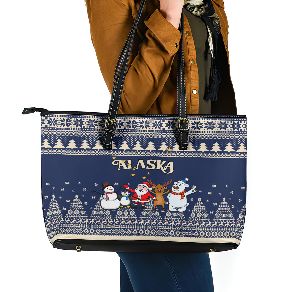 Custom Alaska Christmas Leather Tote Bag Santa Claus With Snowman Reindeer Penguin - Wonder Print Shop