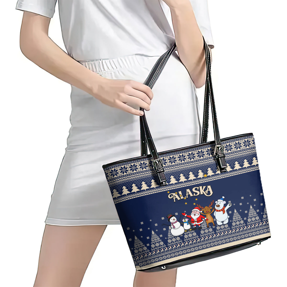 Custom Alaska Christmas Leather Tote Bag Santa Claus With Snowman Reindeer Penguin - Wonder Print Shop