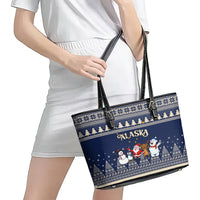 Custom Alaska Christmas Leather Tote Bag Santa Claus With Snowman Reindeer Penguin - Wonder Print Shop