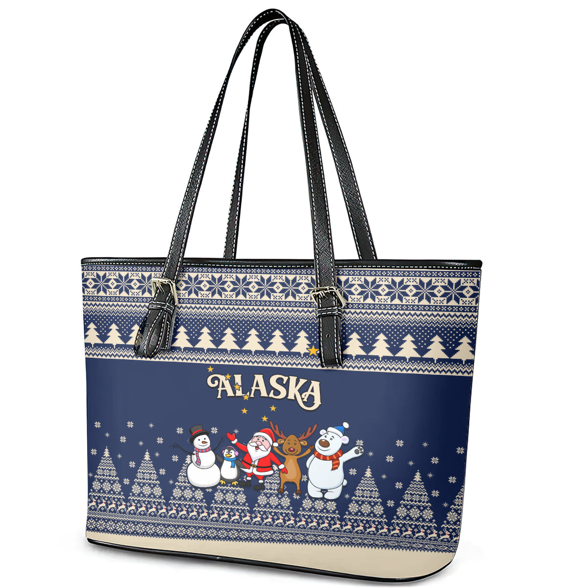 Custom Alaska Christmas Leather Tote Bag Santa Claus With Snowman Reindeer Penguin - Wonder Print Shop