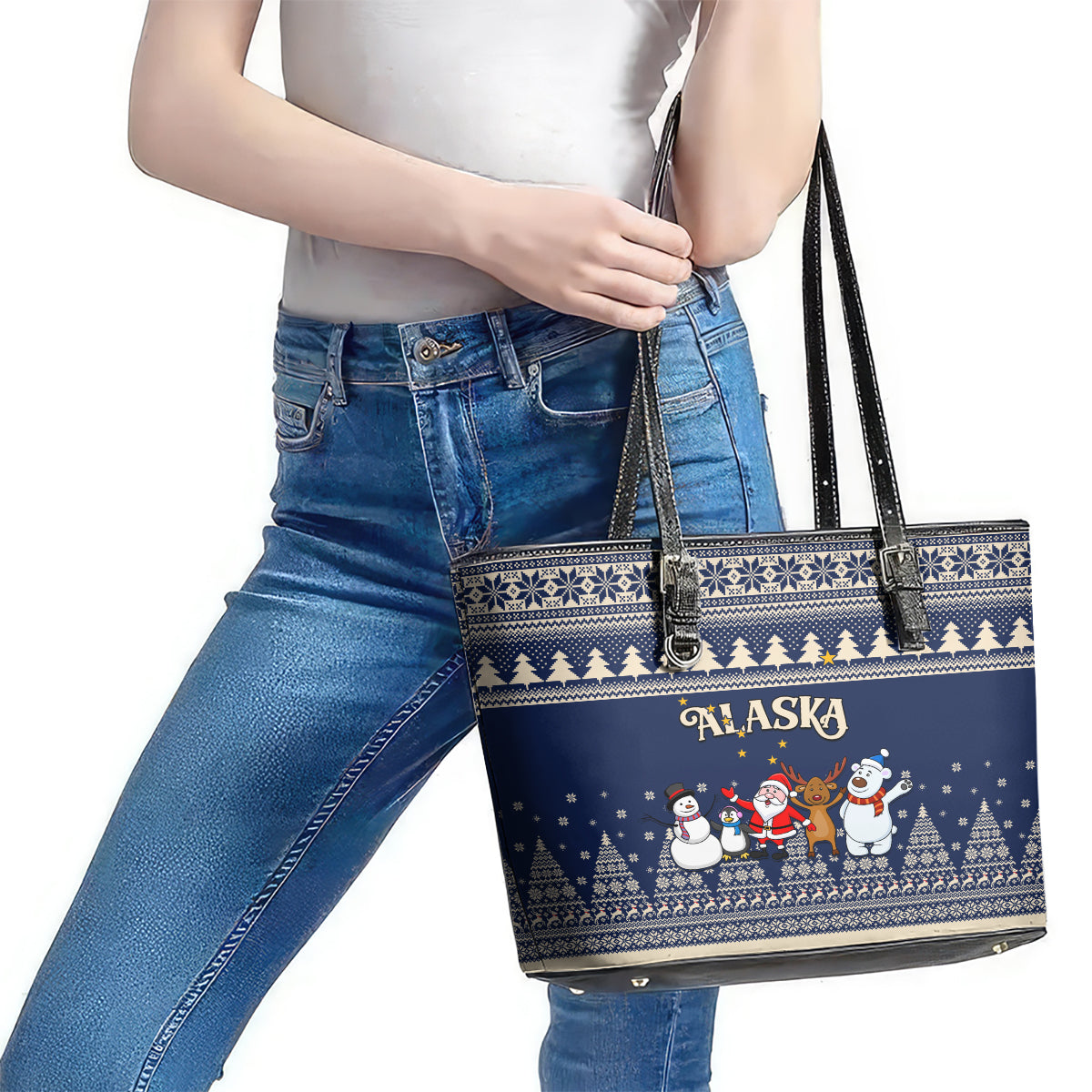 Custom Alaska Christmas Leather Tote Bag Santa Claus With Snowman Reindeer Penguin - Wonder Print Shop