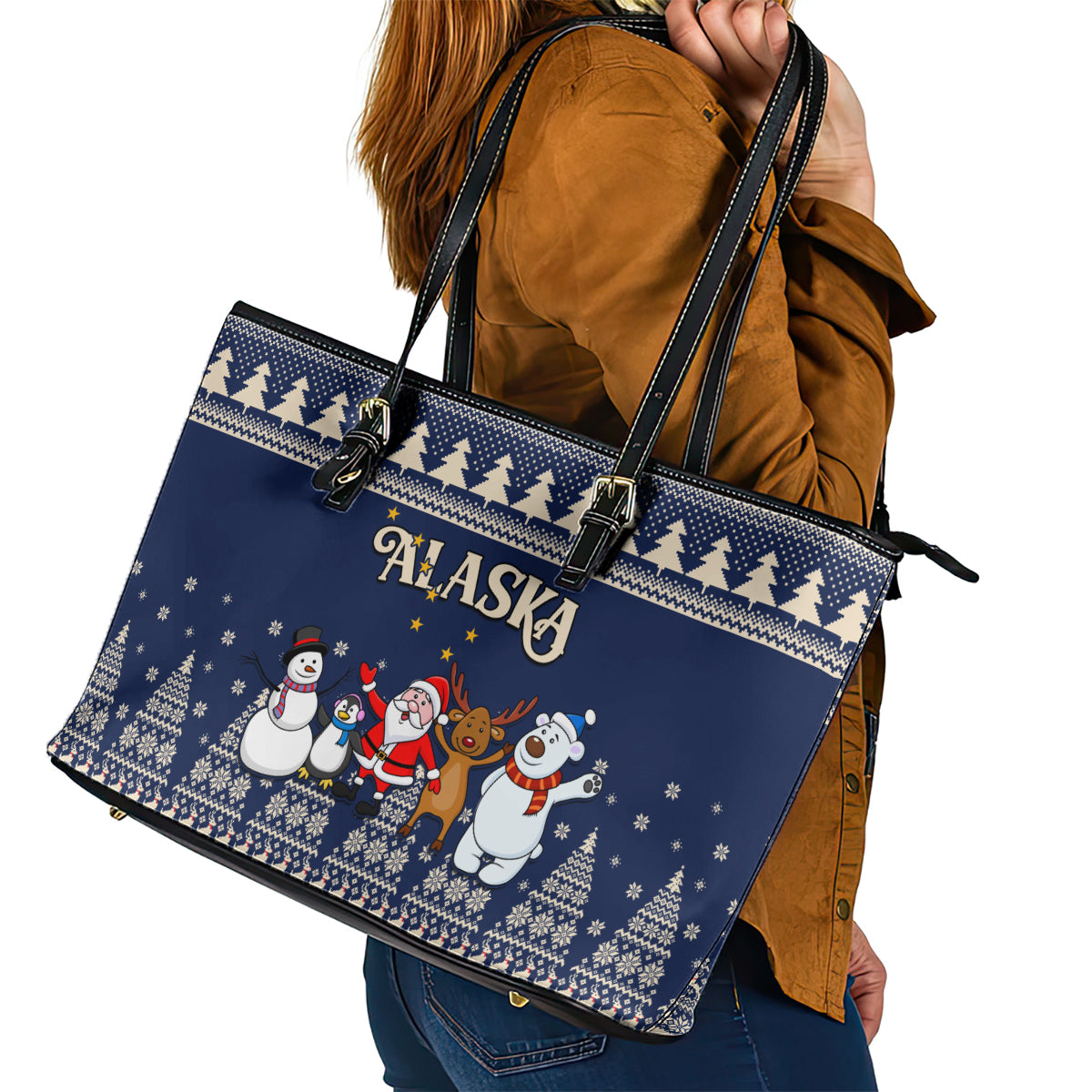 Custom Alaska Christmas Leather Tote Bag Santa Claus With Snowman Reindeer Penguin - Wonder Print Shop