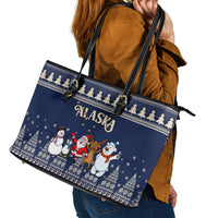 Custom Alaska Christmas Leather Tote Bag Santa Claus With Snowman Reindeer Penguin - Wonder Print Shop