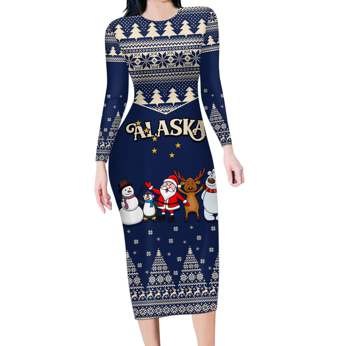 Custom Alaska Christmas Long Sleeve Bodycon Dress Santa Claus With Snowman Reindeer Penguin - Wonder Print Shop