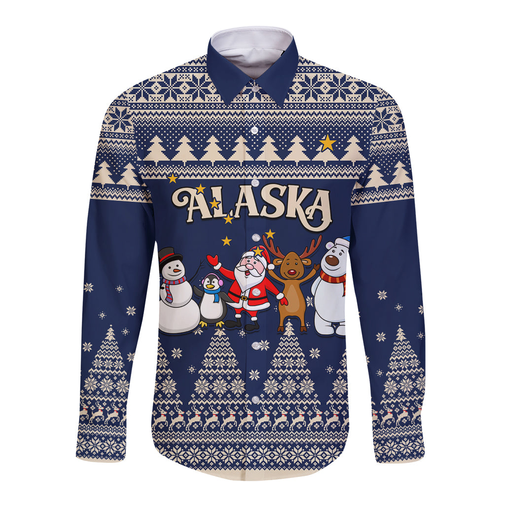 Custom Alaska Christmas Long Sleeve Button Shirt Santa Claus With Snowman Reindeer Penguin - Wonder Print Shop