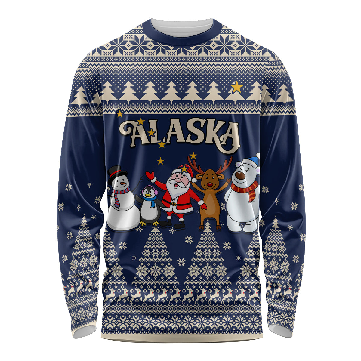 Custom Alaska Christmas Long Sleeve Shirt Santa Claus With Snowman Reindeer Penguin - Wonder Print Shop