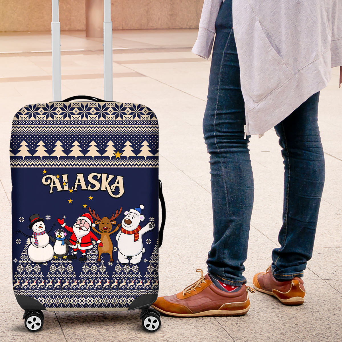 Custom Alaska Christmas Luggage Cover Santa Claus With Snowman Reindeer Penguin - Wonder Print Shop