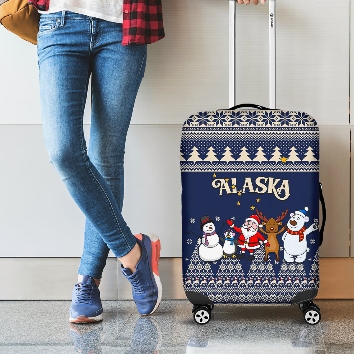 Custom Alaska Christmas Luggage Cover Santa Claus With Snowman Reindeer Penguin - Wonder Print Shop
