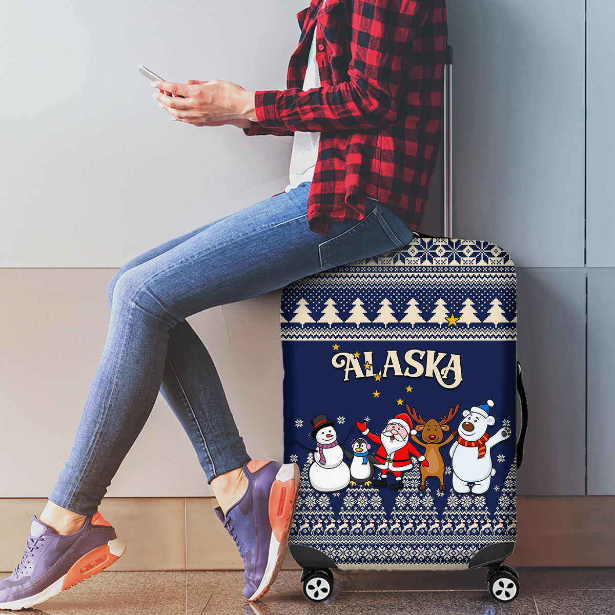Custom Alaska Christmas Luggage Cover Santa Claus With Snowman Reindeer Penguin - Wonder Print Shop