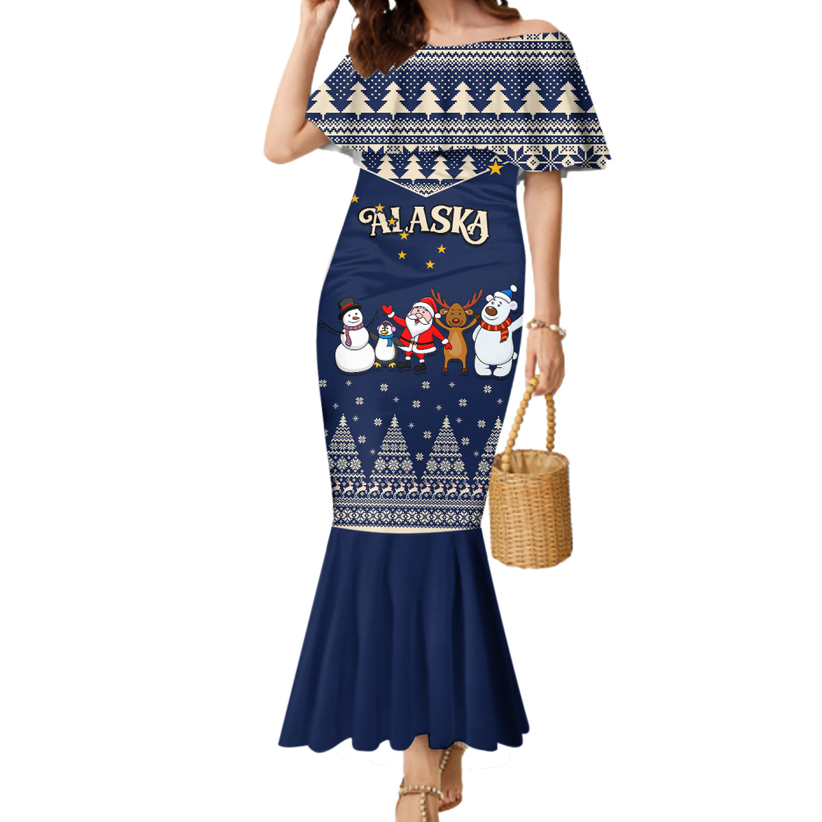 Custom Alaska Christmas Mermaid Dress Santa Claus With Snowman Reindeer Penguin - Wonder Print Shop