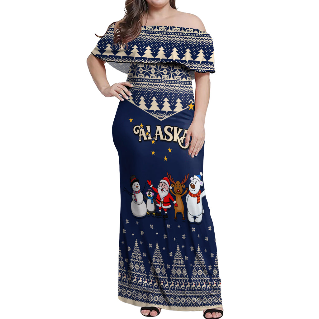 Custom Alaska Christmas Off Shoulder Maxi Dress Santa Claus With Snowman Reindeer Penguin - Wonder Print Shop