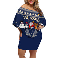 Custom Alaska Christmas Off Shoulder Short Dress Santa Claus With Snowman Reindeer Penguin - Wonder Print Shop