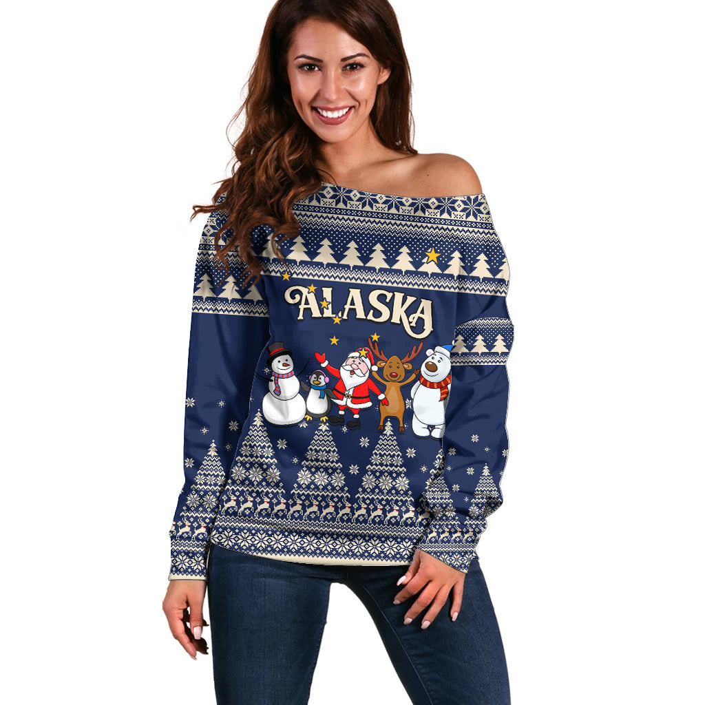 Custom Alaska Christmas Off Shoulder Sweater Santa Claus With Snowman Reindeer Penguin - Wonder Print Shop