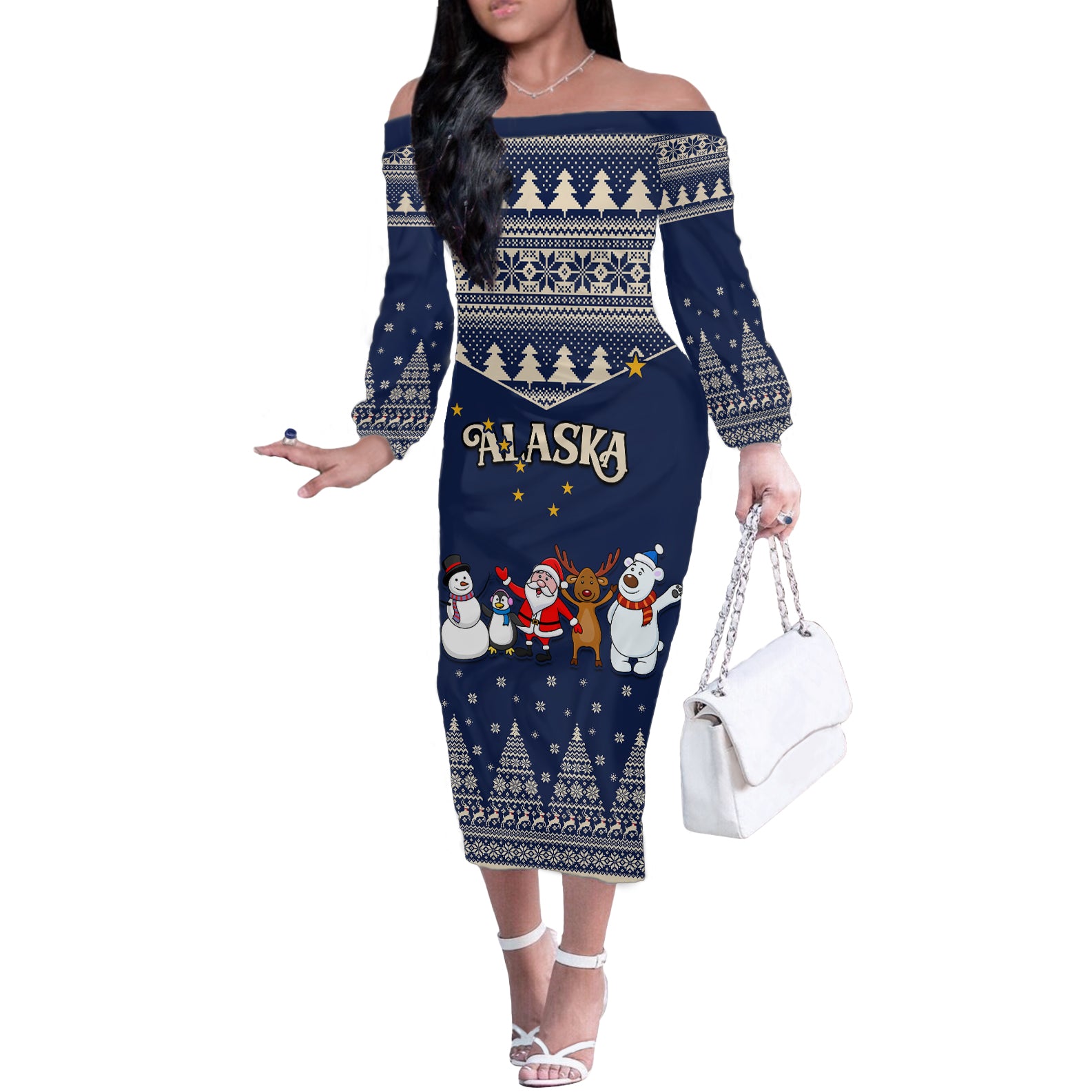 Custom Alaska Christmas Off The Shoulder Long Sleeve Dress Santa Claus With Snowman Reindeer Penguin - Wonder Print Shop