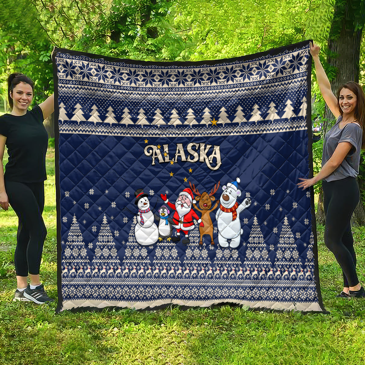 Custom Alaska Christmas Quilt Santa Claus With Snowman Reindeer Penguin - Wonder Print Shop